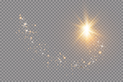 Set of golden glowing lights effects isolated on transparent background. Sun flash with rays and spotlight. Glow light effect. Star burst with sparkles