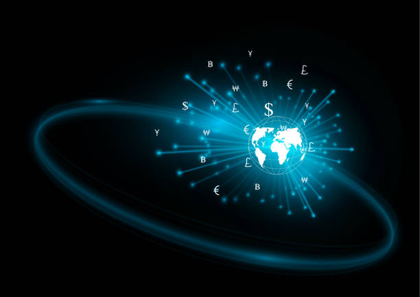 istock Network of money transfer technology and currency change, blue background 1135108296