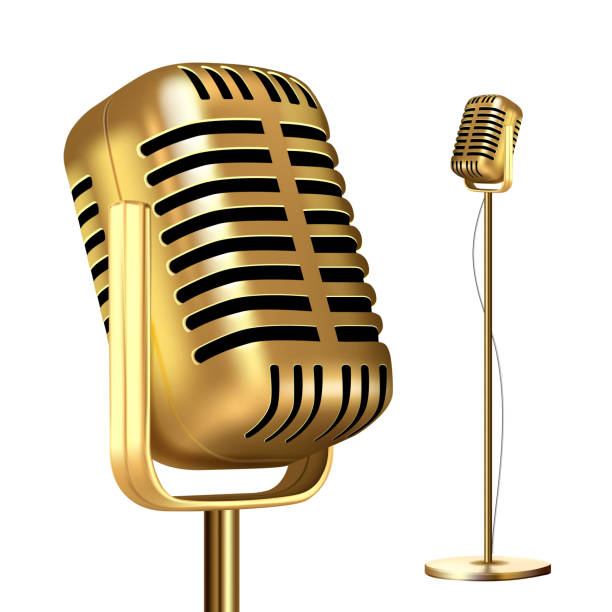 istock Retro Golden Microphone With Stand Vector. Record Stage. Live Concert. On Air. Illustration 1135109694