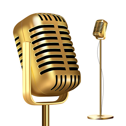 Retro Golden Microphone With Stand Vector. Musician Tool. Media Vocal Element. Illustration