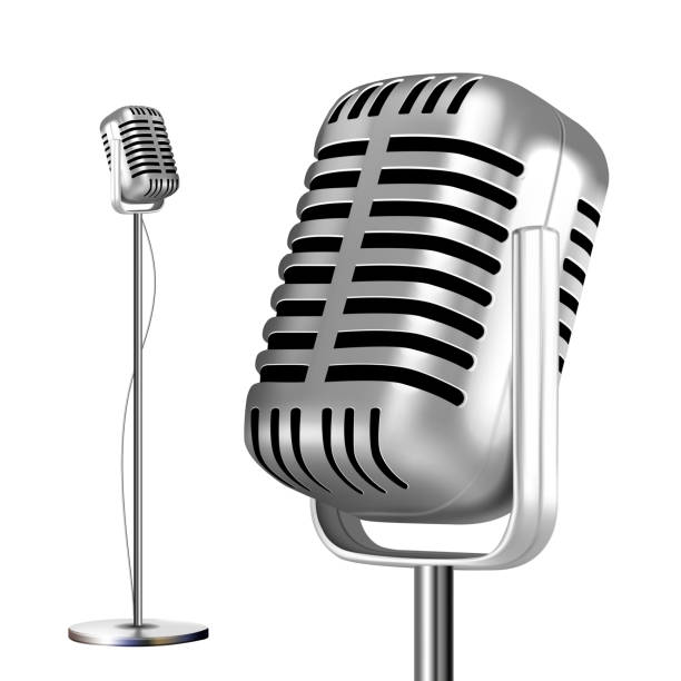 Retro Metal Microphone With Stand Vector. Chrome. Music Icon. Vintage Concert. Audio Communication. Illustration Retro Chrome Microphone With Stand Vector. Musical Symbol. Performance Object. Mic Isolated. Illustration vintage portable silver radio stock illustrations