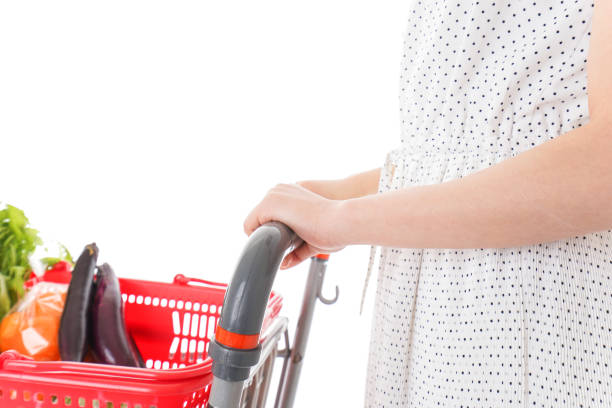 Customer pushing the buy button on the supermarket shopping cart, online shopping concept