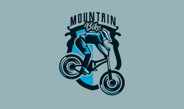 kolorowy emblemat, odznaka, herb jeźdźca na rowerze górskim. rower, transport, zjazd, freeride, ekstremalne, sportowe. drukowanie koszulek, ilustracja wektorowa. - bmx cycling xtreme mountain bike sport stock illustrations