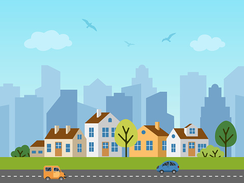 City urban vector landscape. Panorama of cottages in front of skyscrapers. Birds in the sky, cars on the road.