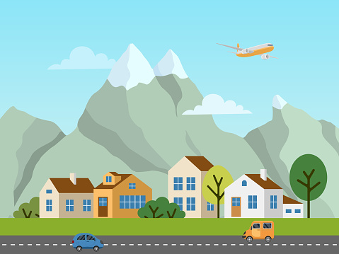 City urban vector landscape. Panorama of cottages in front of mountains. Plane in the sky, cars on the road.