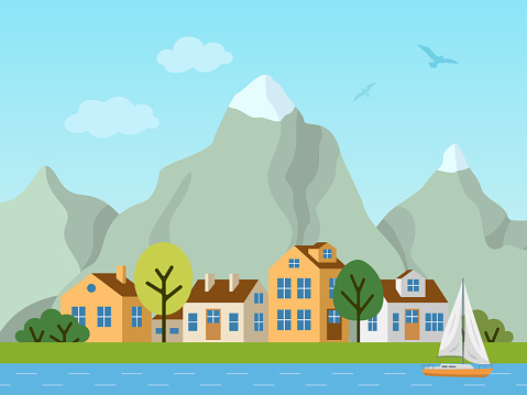 City urban vector landscape. Panorama of cottages in front of mountains. Birds in the sky, boat on the river.