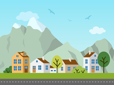 City urban vector landscape. Panorama of cottages in front of mountains. Birds in the sky, empty road.