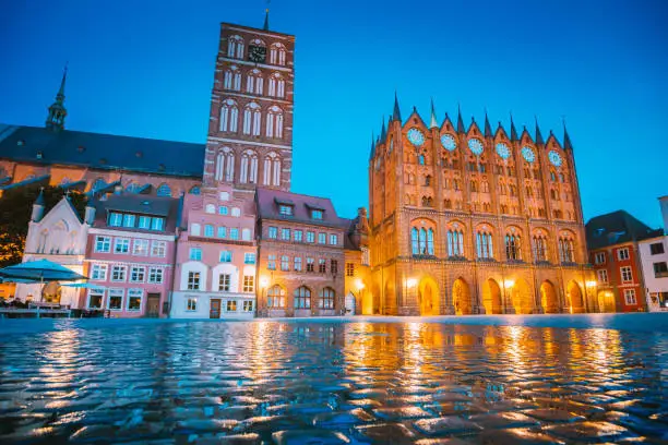 Classic twilight view of the hanseatic town of Stralsund during blue hour at dusk, Mecklenburg-Vorpommern, Germany