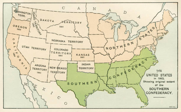 미국 남부 연합의 지도를 보여주는 1895 - cartography map retro revival usa stock illustrations