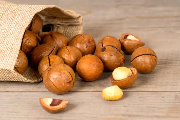 macadamia nuts on wooden background