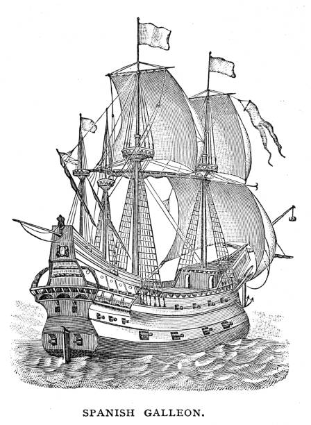 испанский галеон гравюры 1895 - galleon stock illustrations