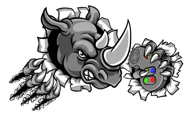 Vector illustration of Rhino Gamer Holding Controller Breaking Background