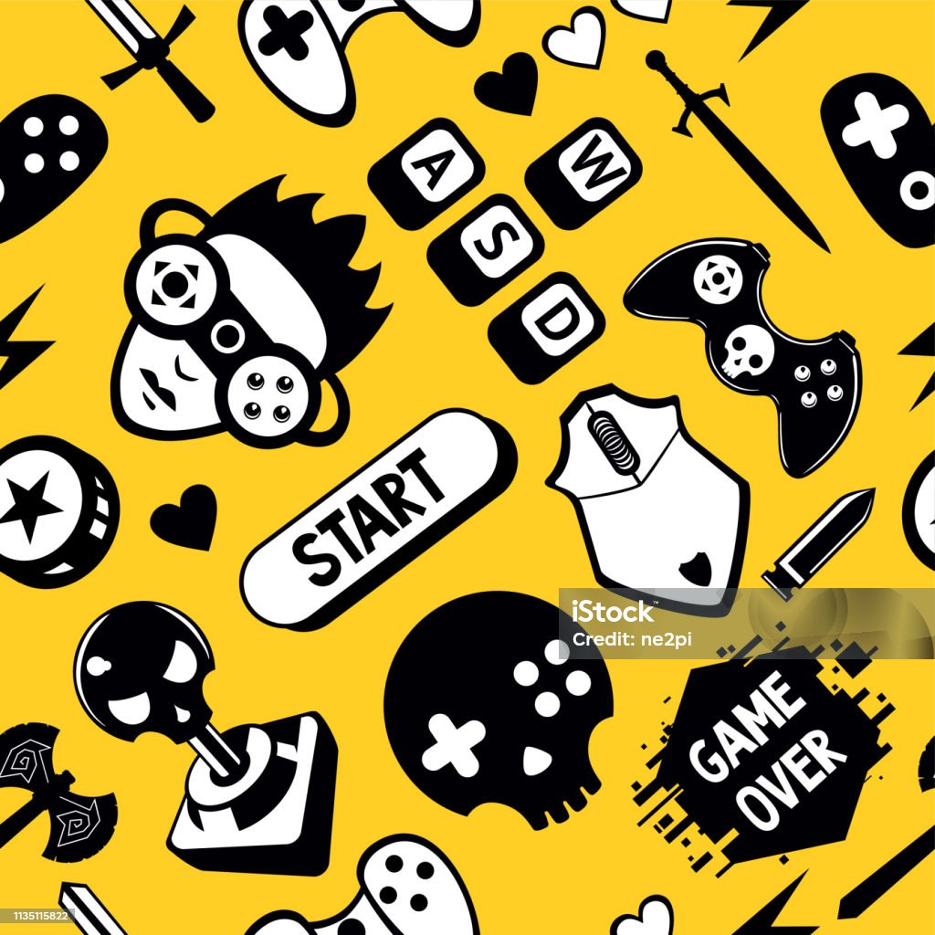 Seamless Vector Pattern With Game Elements Funny Video Games Texture With  Joystick Controller And Computer Mouse Stock Illustration - Download Image  Now - iStock