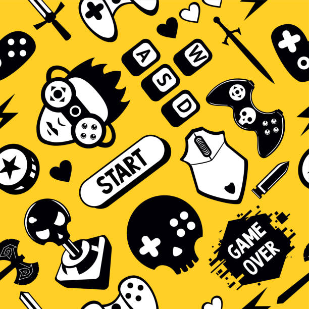 Seamless vector pattern with game elements. Funny video games texture with joystick controller and computer mouse. vector art illustration