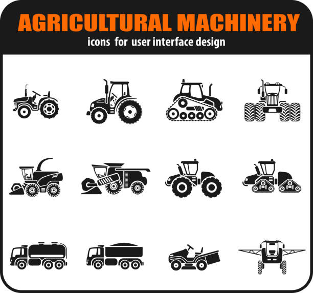 illustrazioni stock, clip art, cartoni animati e icone di tendenza di set icone veicoli agricoli - caterpillar truck