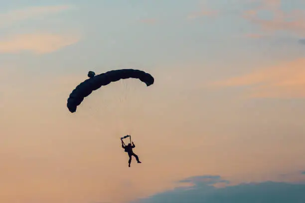 Parachutist falling from the sky in evening sunset dramatic sky. Recreational sport, Paratrooper silhouette on colored sky.