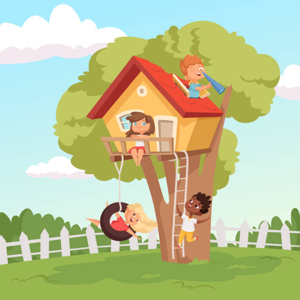 House on tree. Cute children playing in garden nature climbing vector kids background House on tree. Cute children playing in garden nature climbing vector kids background. Illustration of tree house for children, recreation childhood girl climbing ladder stock illustrations