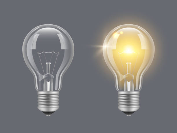 ilustraciones, imágenes clip art, dibujos animados e iconos de stock de encienda la bombilla. luz realista transparente bombilla brillante lámpara vector imágenes - electric bulb