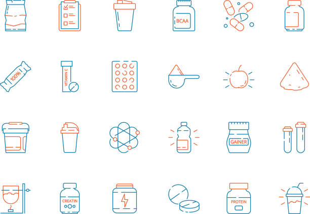 Sport supplement food. Fitness nutrition pills protein shake and bottles vector thin colored icons Sport supplement food. Fitness nutrition pills protein shake and bottles vector thin colored icons. Sport whey and protein for bodybuilding, supplement to muscle illustration protein powder bottle stock illustrations
