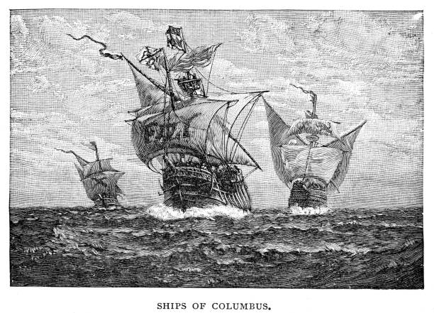 ilustrações, clipart, desenhos animados e ícones de navios de colombo gravura 1895 - christopher columbus