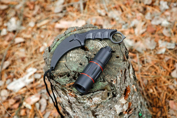 istock monocle and karambit knife on the stump in autumn forest 1135120005