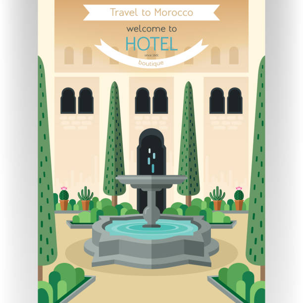 ilustraciones, imágenes clip art, dibujos animados e iconos de stock de plantilla de póster-viaje a marruecos. - patio fountain illustrations