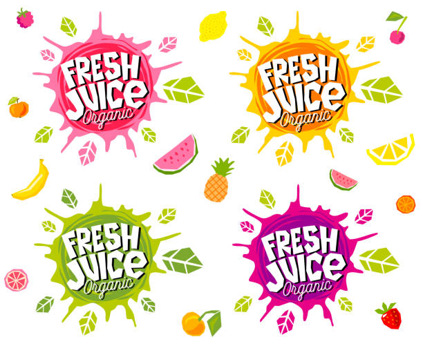 ilustraciones, imágenes clip art, dibujos animados e iconos de stock de logotipo de jugo fresco emblema brillante splash pegatinas brillantes, emblemas banderas etiquetas, frutas verduras batidos frescos. vegano ecológico bio verde comida sana. ilustración vectorial dibujado a mano. - fresh juice