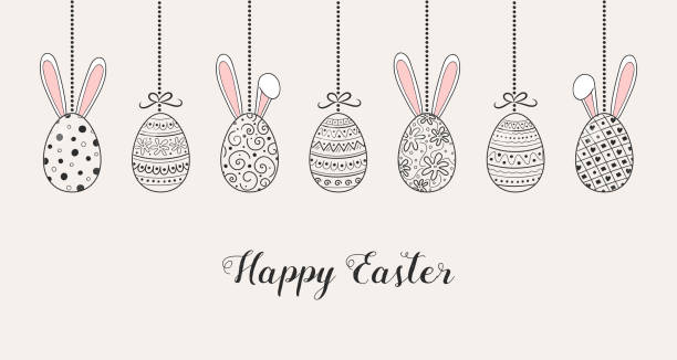 Easter banner with hanging eggs and funny bunnies. Vector Easter banner with hanging eggs and funny bunnies. Vector easter drawings stock illustrations