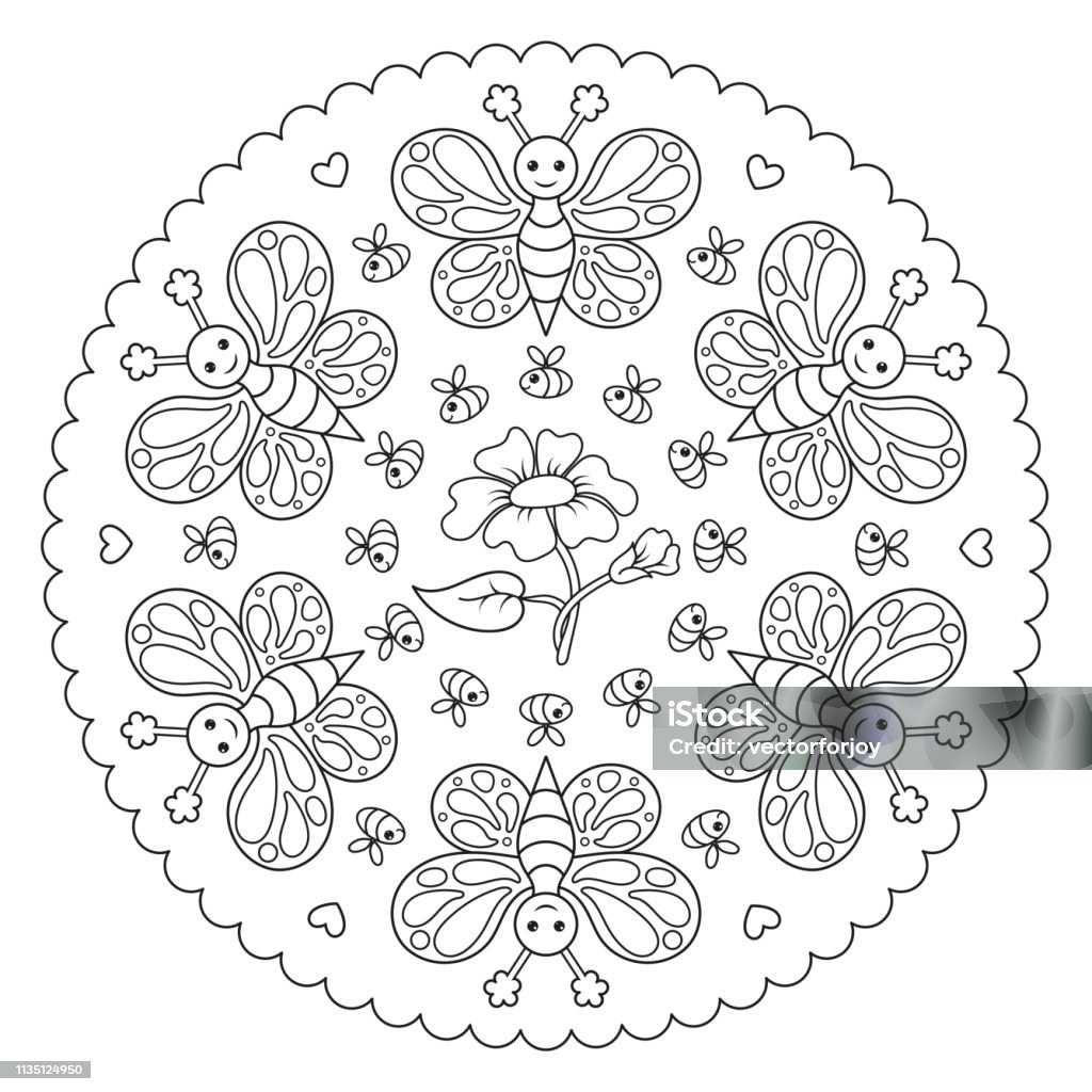 Coloring page mandala with butterfly, bee and a flower. Vector Illustration. Mandala stock vector