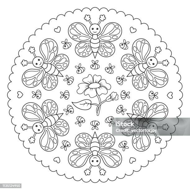 Coloring Page Mandala With Butterfly Bee And A Flower Vector Illustration Stock Illustration - Download Image Now