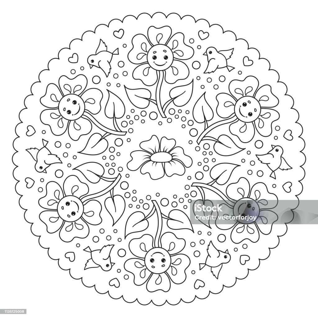 Coloring page mandala for kids with flowers and birds. Vector Illustration. Bird stock vector