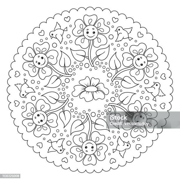 Coloring Page Mandala For Kids With Flowers And Birds Vector Illustration Stock Illustration - Download Image Now