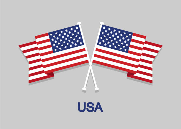 istock Two crossed flags America with text USA in flat design on gray background 1135126161