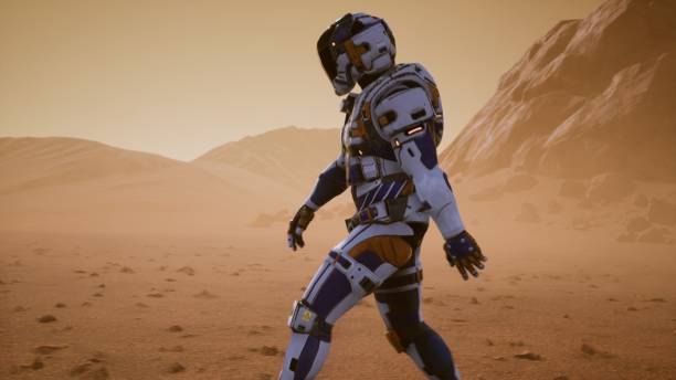 istock Astronaut walks on the surface of Mars through a dust storm. Panoramic landscape on the surface of Mars. 3D Rendering 1135126872