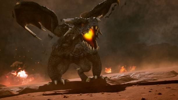 istock Big dragon in the desert looking for his enemies. 3D Rendering 1135126904