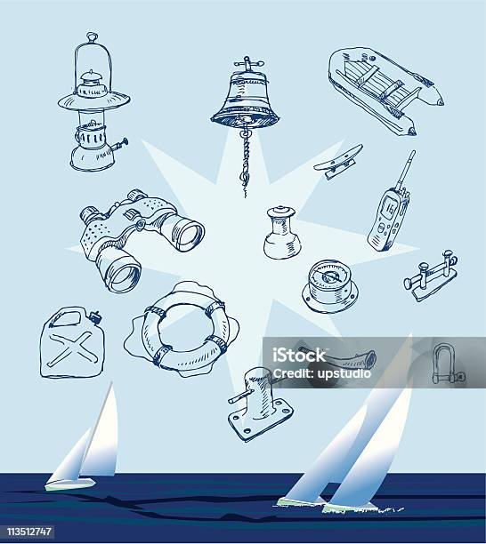Руки Drawn Лодке Оборудование На Море Парусный Спорт Фоне — стоковая векторная графика и другие изображения на тему Бампер