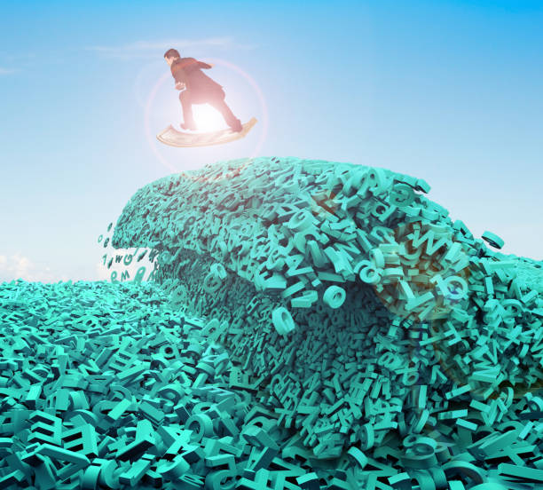 istock Big data. Huge characters tsunami wave. Businessman surfing money board. 1135128312