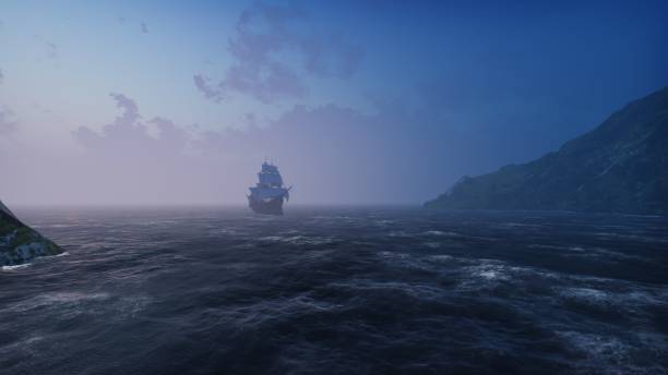 um grande navio medieval no mar na névoa flutua a um console rochoso do deserto. renderização 3d - sea battle - fotografias e filmes do acervo