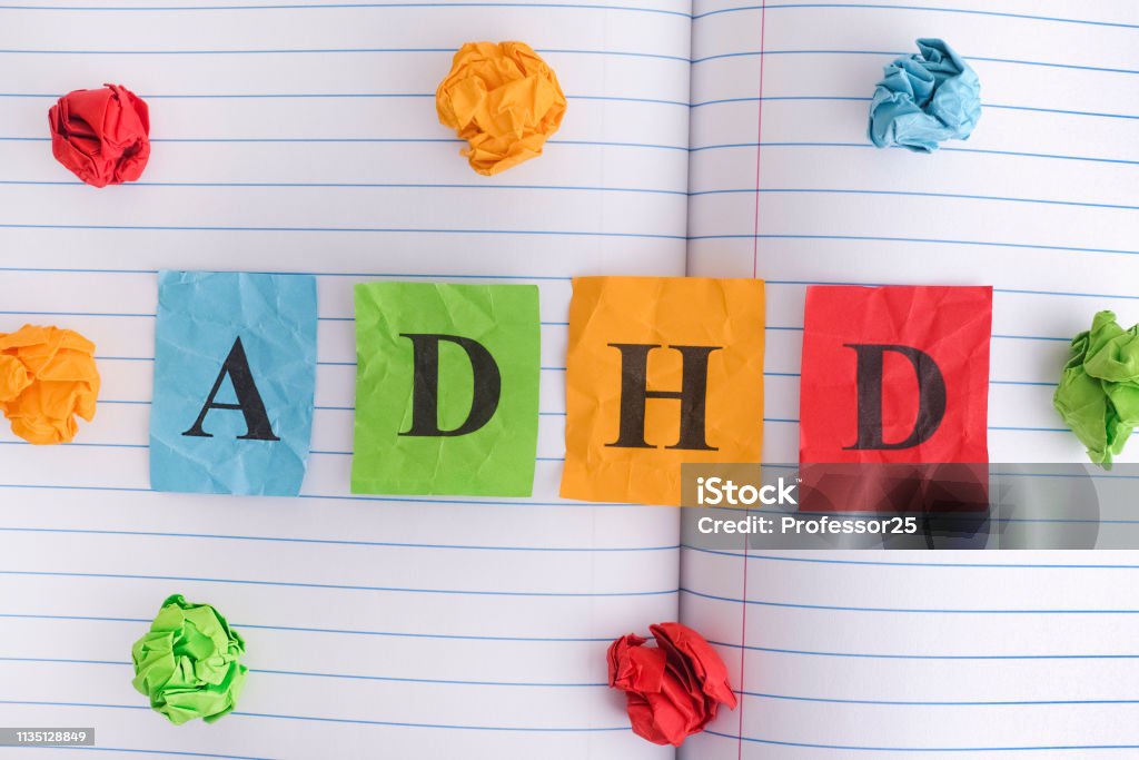 Abbreviation ADHD on notebook sheet with some colorful crumpled paper balls around it ADHD. Abbreviation ADHD on notebook sheet with some colorful crumpled paper balls around it. Close up. ADHD is Attention deficit hyperactivity disorder. Attention Deficit Hyperactivity Disorder Stock Photo