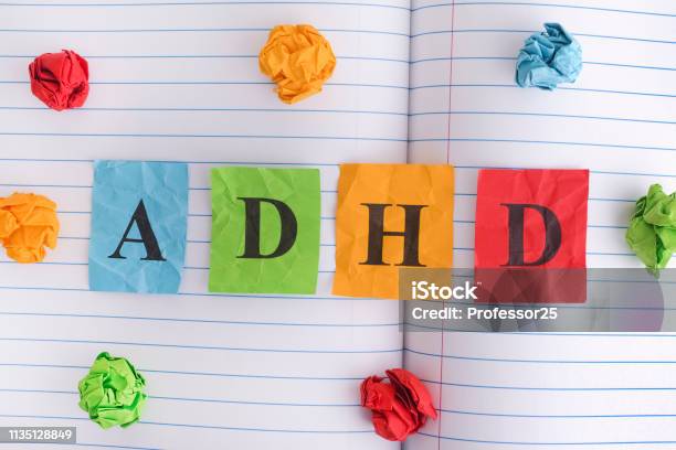 Abbreviation Adhd On Notebook Sheet With Some Colorful Crumpled Paper Balls Around It Stock Photo - Download Image Now