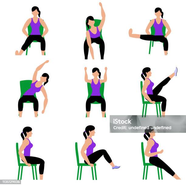 Set Of Young Girls Doing Exercises In The Gym Beautiful Woman Doing Exercises With Chair Stock Illustration - Download Image Now