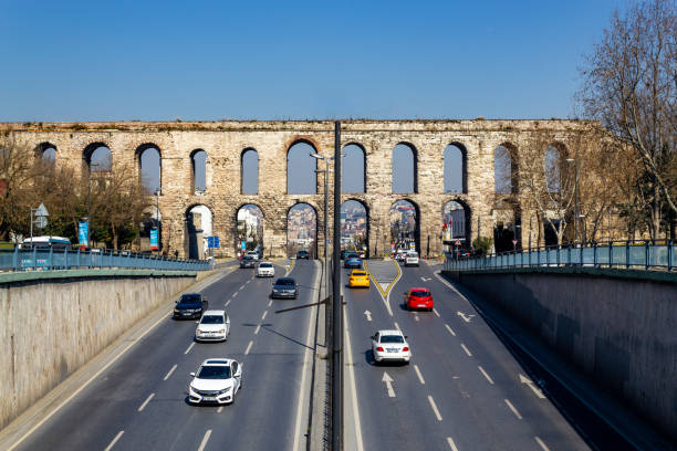 The Bozdoğan Kemeri bridge of the Aqueduct of Valens crossing Atatürk Boulevard. The Aqueduct of Valens was a Roman aqueduct system built in the late 4th century AD, to supply Constantinople – the capital of the eastern Roman empire.