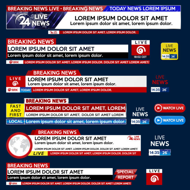 setzen sie banner für breaking news vorlage titel auf blauem hintergrund für bildschirmfernsehkanal. hintergrundbild-bildschirmschoner auf breaking news. - schlagzeile stock-grafiken, -clipart, -cartoons und -symbole