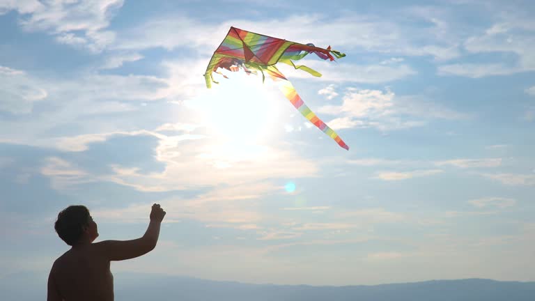 Teenage boy flying kite on beach