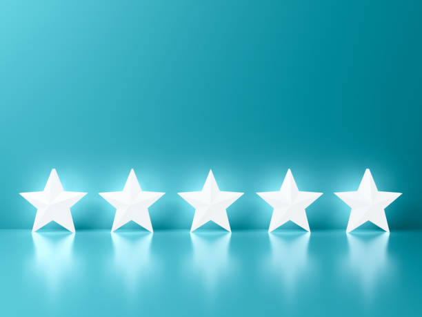 Five glowing stars standing on green blue pastel color wall background with reflections and shadows 3D rendering