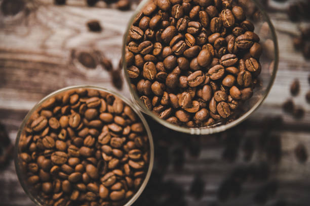 Table Top View of Coffe Beans and Cup