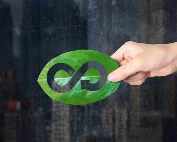 istock Hand holding leaf with hole of arrow infinity, circular economy 1135132396