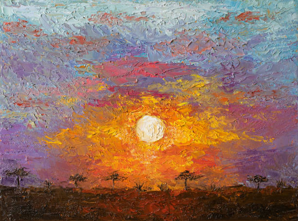 ilustraciones, imágenes clip art, dibujos animados e iconos de stock de óleo sobre lienzo de puesta de sol en el paisaje de sabana africana. espectacular luz cálida del sol. arte impresionismo moderno. - paintings landscape paint acrylic painting