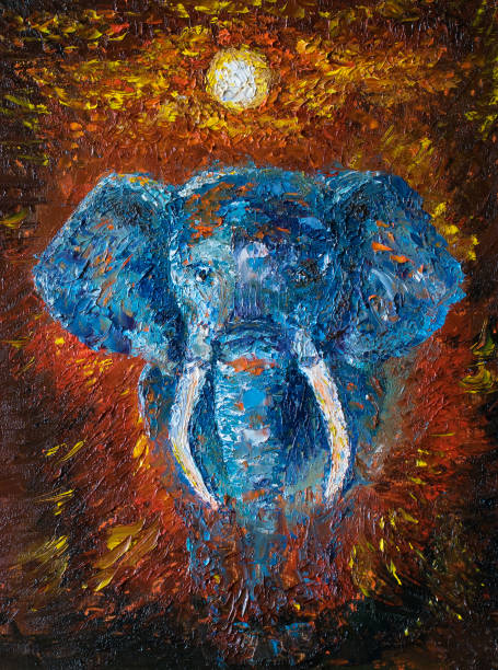 Oil art on canvas of elephant going forward and sunset. African savannah landscape theme. Spectacular warm light of the sun. Modern impressionism artwork. Oil art on canvas of elephant going forward and sunset. African savannah landscape theme. Spectacular warm light of the sun. Modern impressionism artwork. Palette knife painting. elephant art stock illustrations