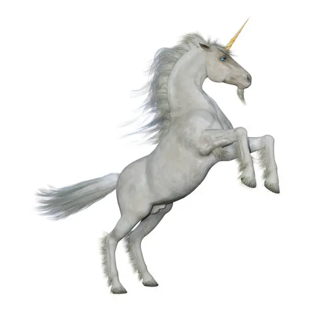 3D rendering of a fairy tale white unicorn isolated on white background